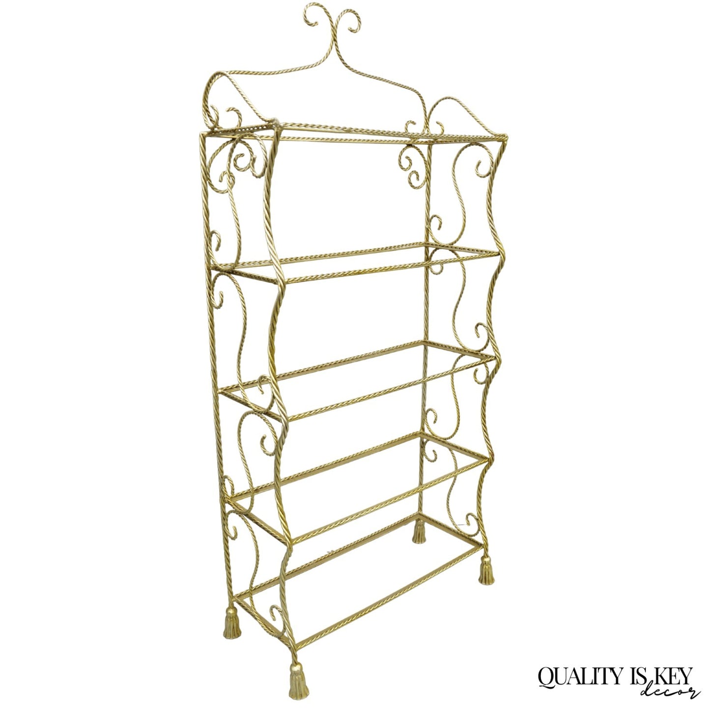 Vintage Italian Hollywood Regency Silver Gilt Iron Rope & Tassel 5 Tier Etagere