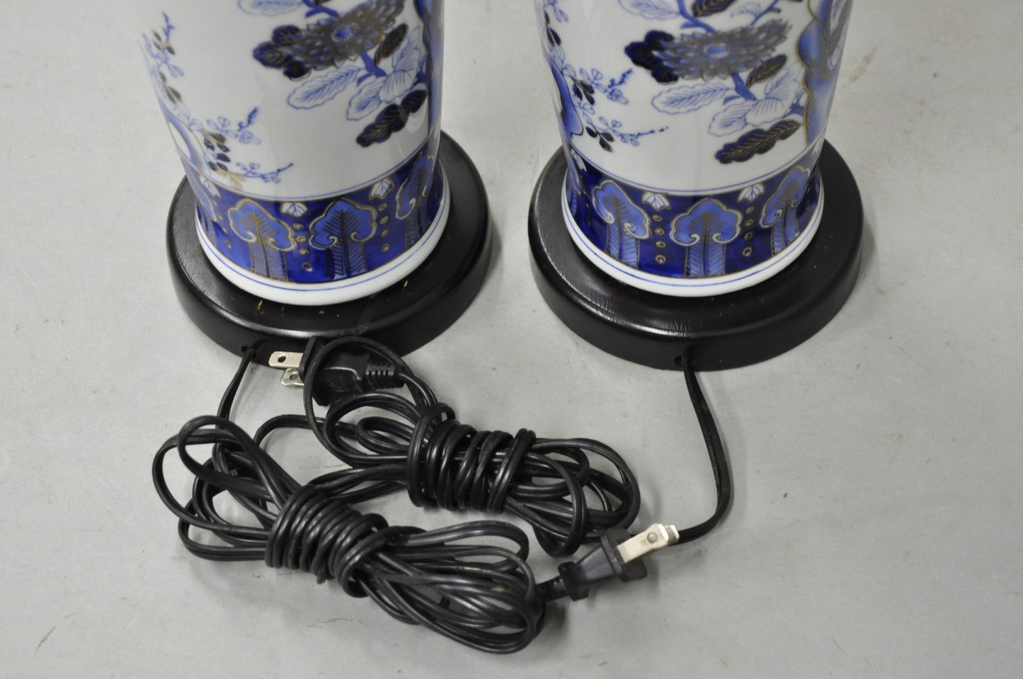 Vintage Chinoiserie Blue White Porcelain Bird & Plum Blossom Table Lamp - a Pair