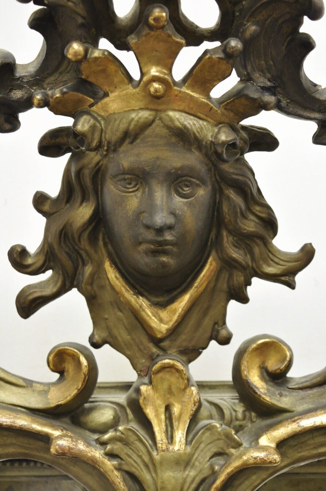 Antique French Renaissance Baroque Carved Giltwood Gesso Wall Mirror with Face