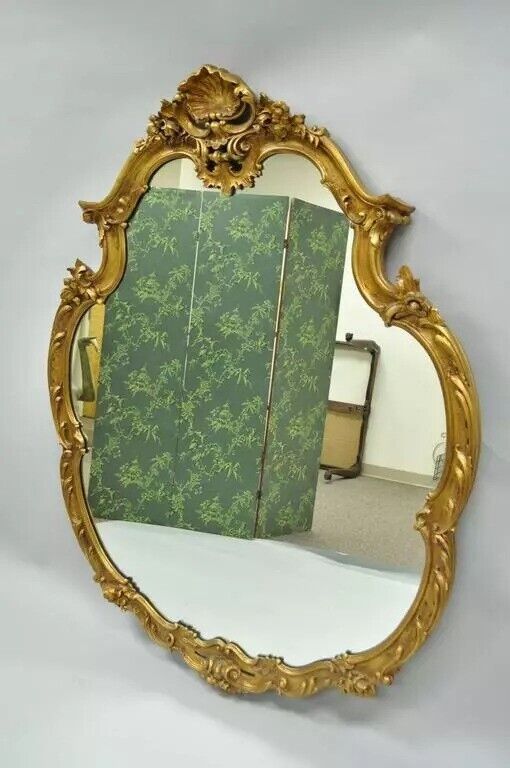 Vintage French Rococo Louis XV Style Shell Carved 65" Large Gold Wall Mirror