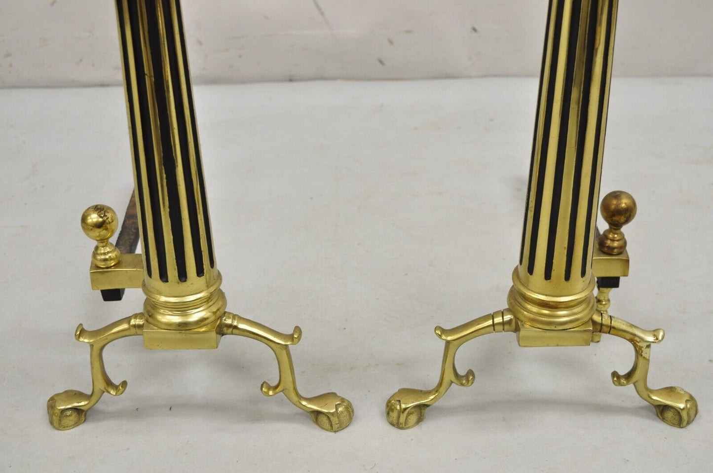Vintage French Empire Style Brass Cannonball Column Form Branch Foot Andirons