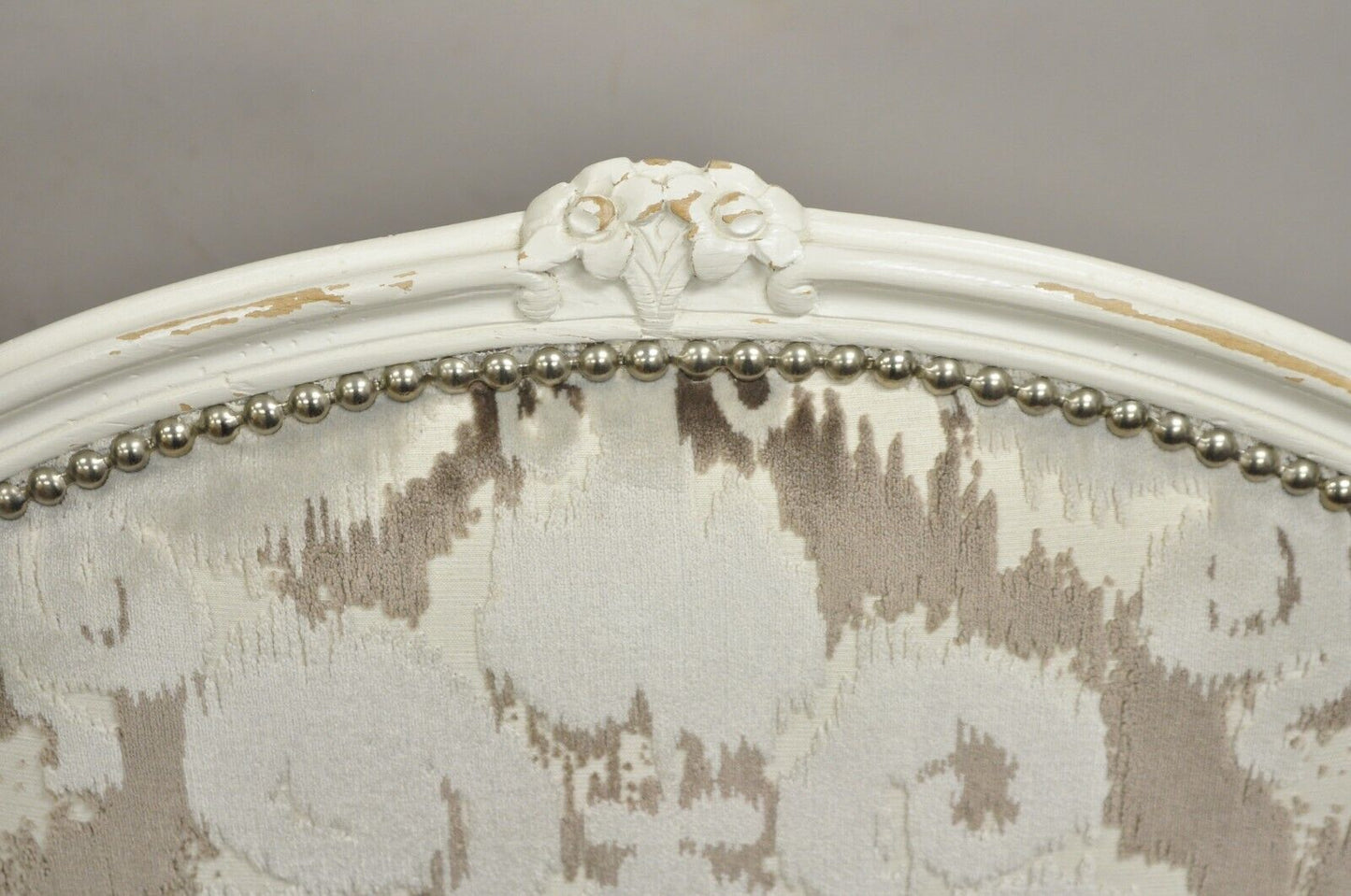 Vintage French Country Louis XV Style White Distress Painted Arm Chairs - a Pair