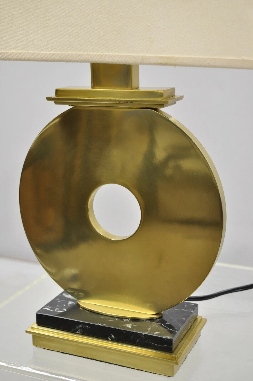 Robert Abbey Tic-Tac-Toe Bronze Brass Ring Marble Base Table Lamp w/ Shade
