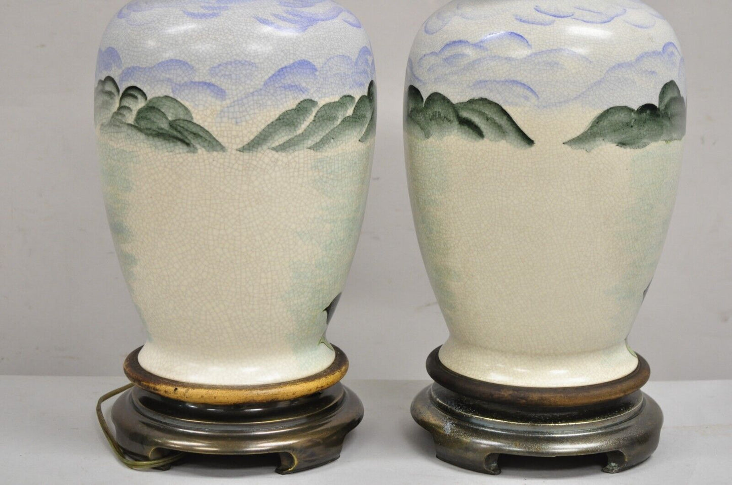 Vintage Chinoiserie Painted Swan Porcelain Ginger Jar Table Lamps - a Pair