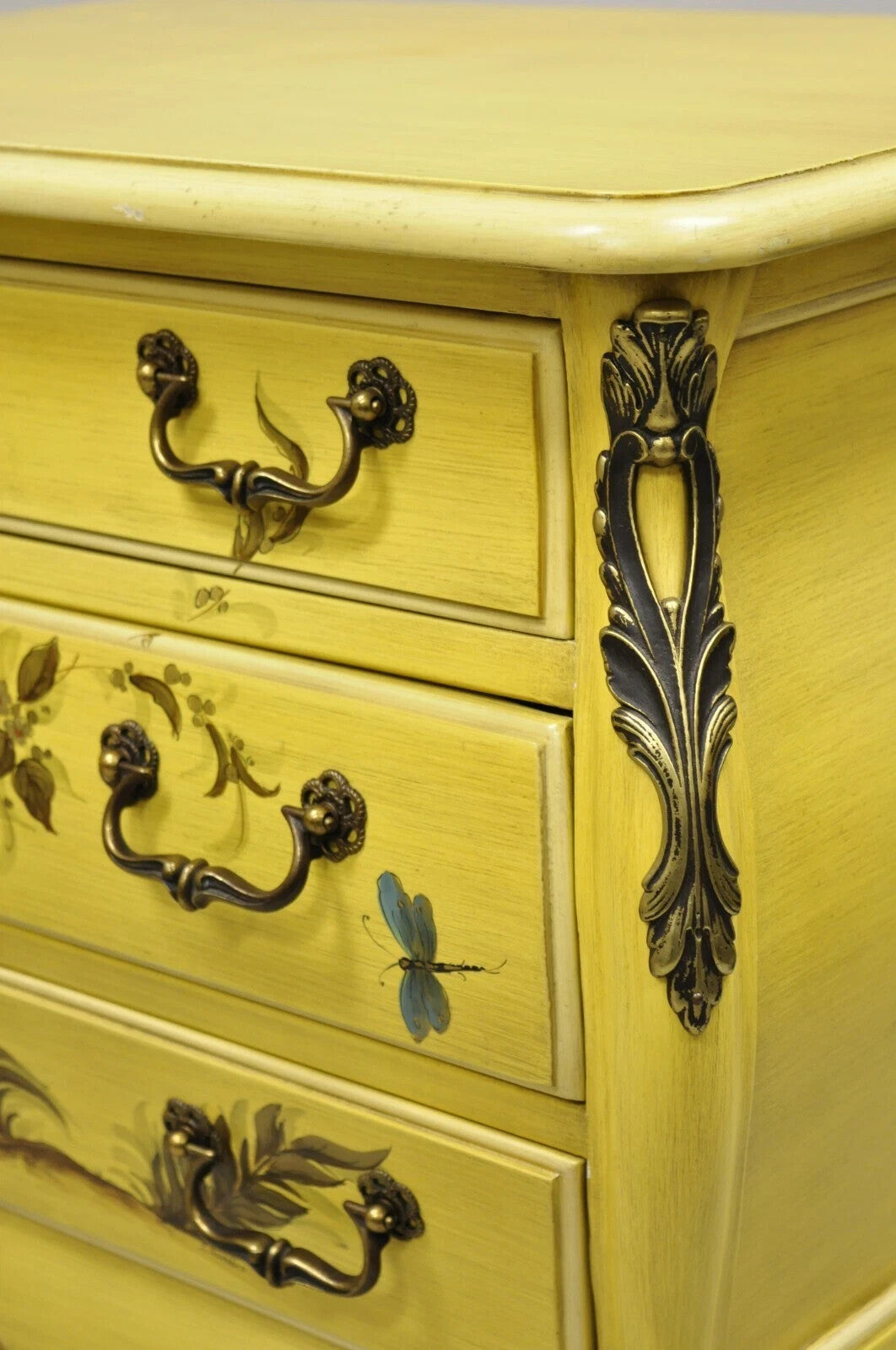 Vintage Chinoiserie French Louis XV Yellow Painted 3 Drawer Nightstands - a Pair