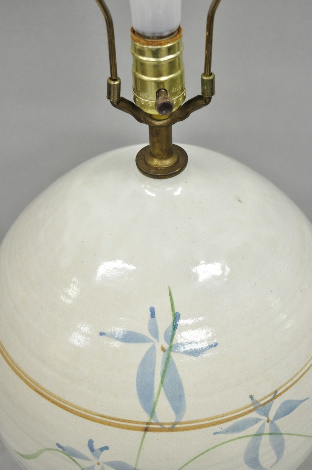 Vintage French Country Large Blue Flower Stoneware Pottery Vase Table Lamp