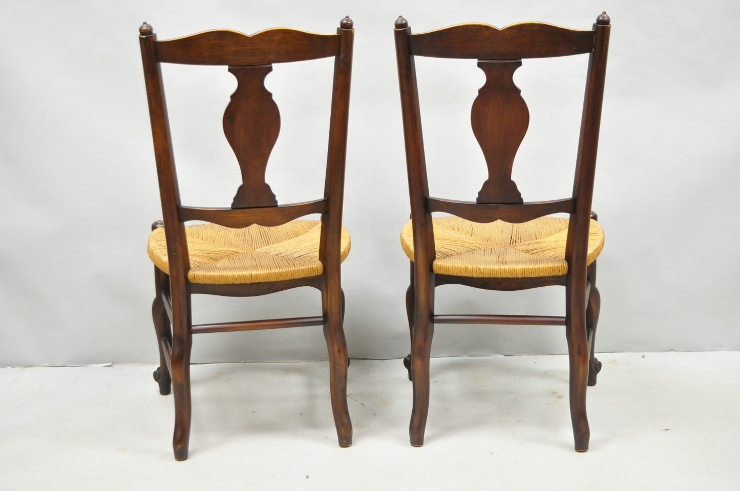 Antique William & Mary Style Carved Walnut Rose Rush Seat Side Chairs - a Pair