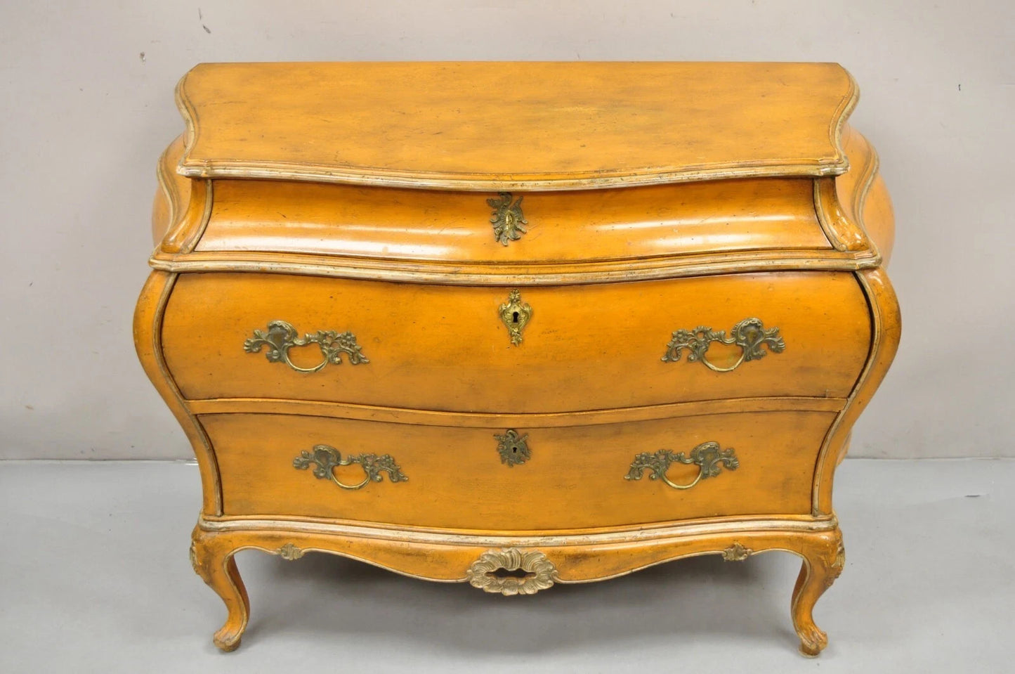 Antique Italian Rococo Louis XV Orange Painted Bombe Commode Chest of Drawers