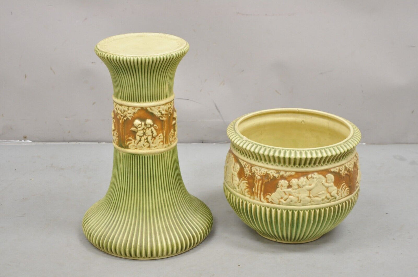 Antique Roseville Donatello Cherubs Art Pottery Jardiniere & Pedestal Flower Pot