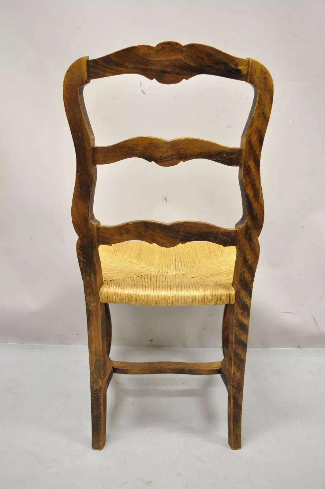 Vintage French Country Distressed Wood Ladder Back Rush Seat Side Chair