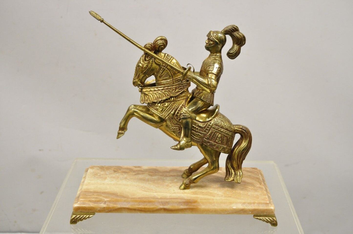 Cast Metal Marble Base Renaissance Style Gothic Soldier on Horse Statue Figure