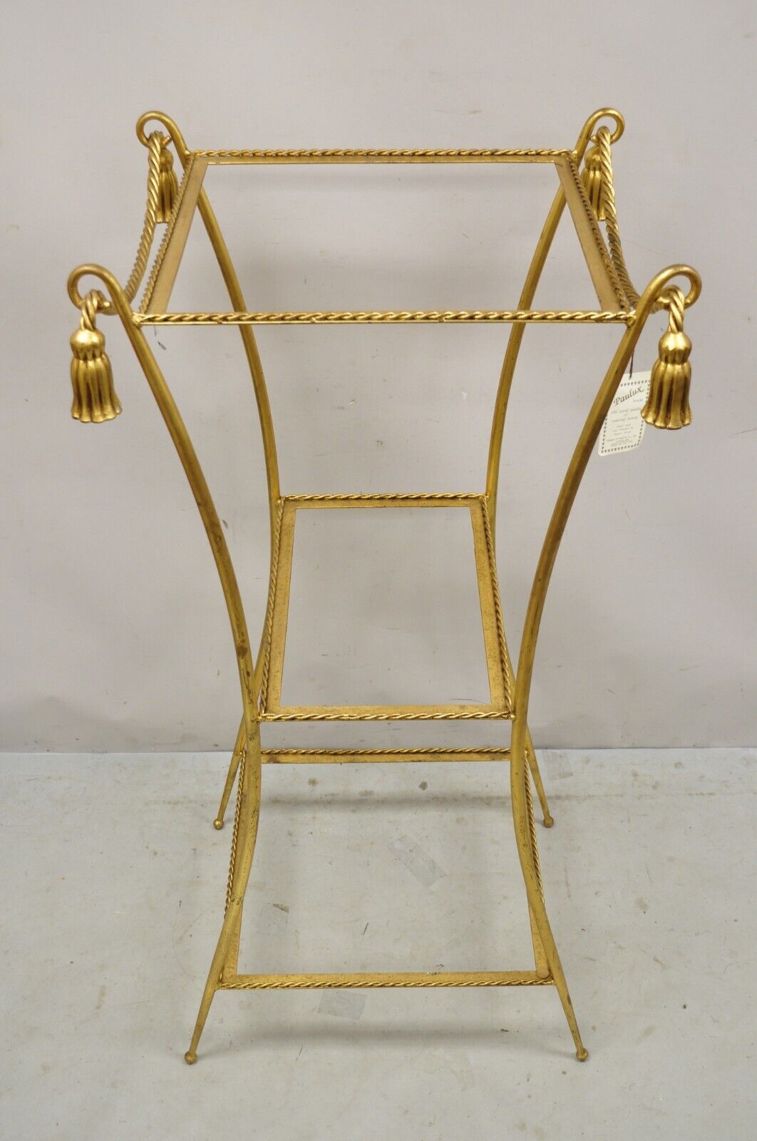 Italian Hollywood Regency Iron Rope Tassel Gold 3 Tier Display Stand Pedestal