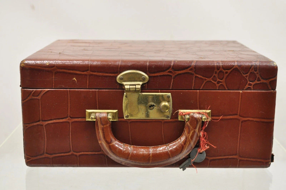 Vintage Brown Leather Art Deco Faux Crocodile Small Toiletry Travel Vanity Case