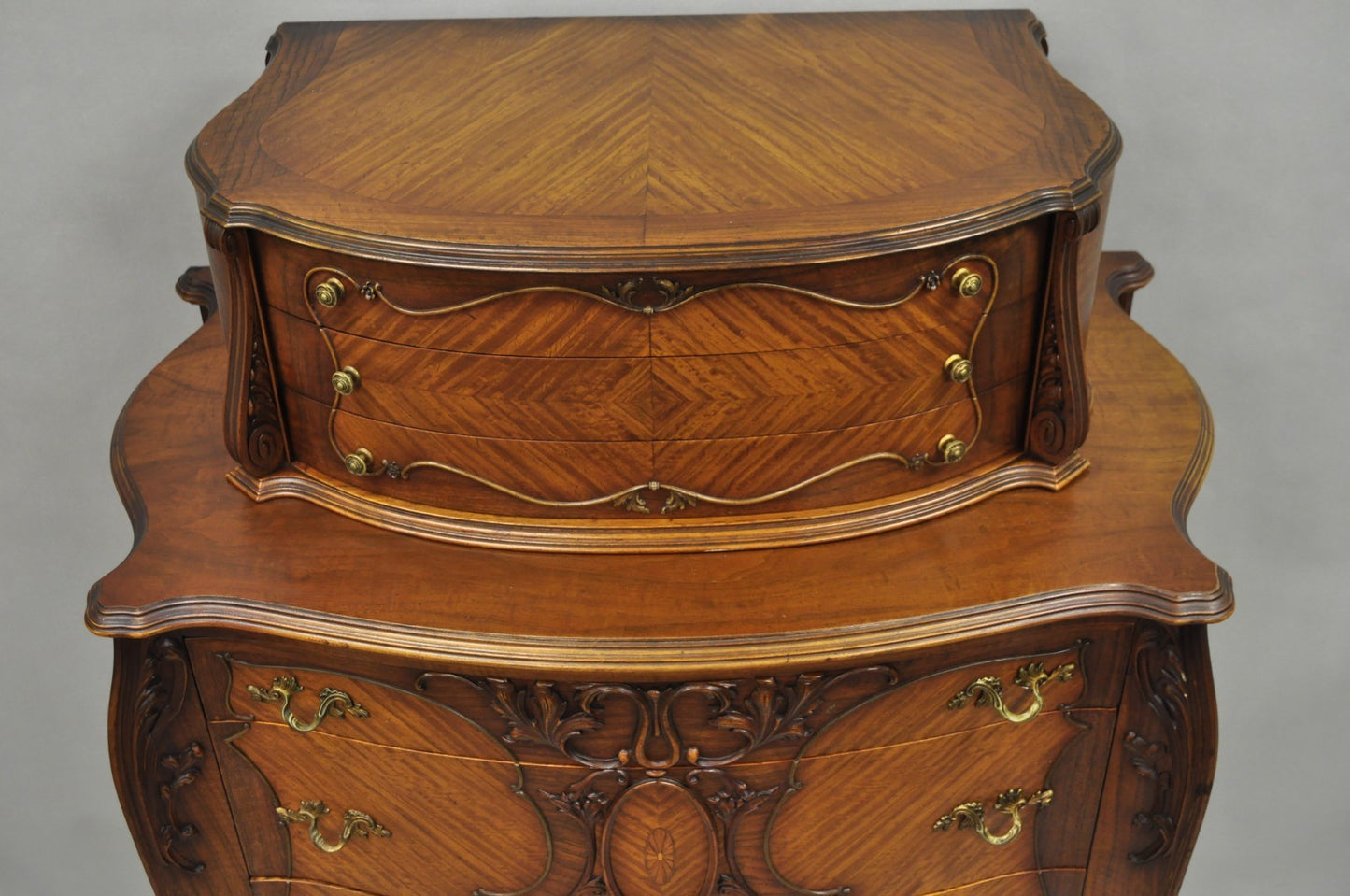Antique French Louis XV Carved Walnut Satinwood Inlay Highboy Tall Chest Dresser