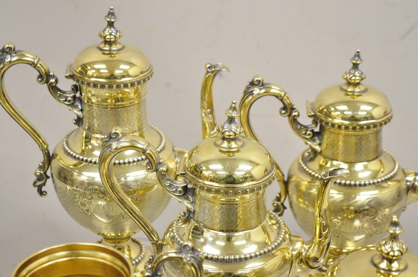 Meriden Victorian Gold Plated Ornate Tea Set w/ "PPW" Monogram - 5 Pc Set