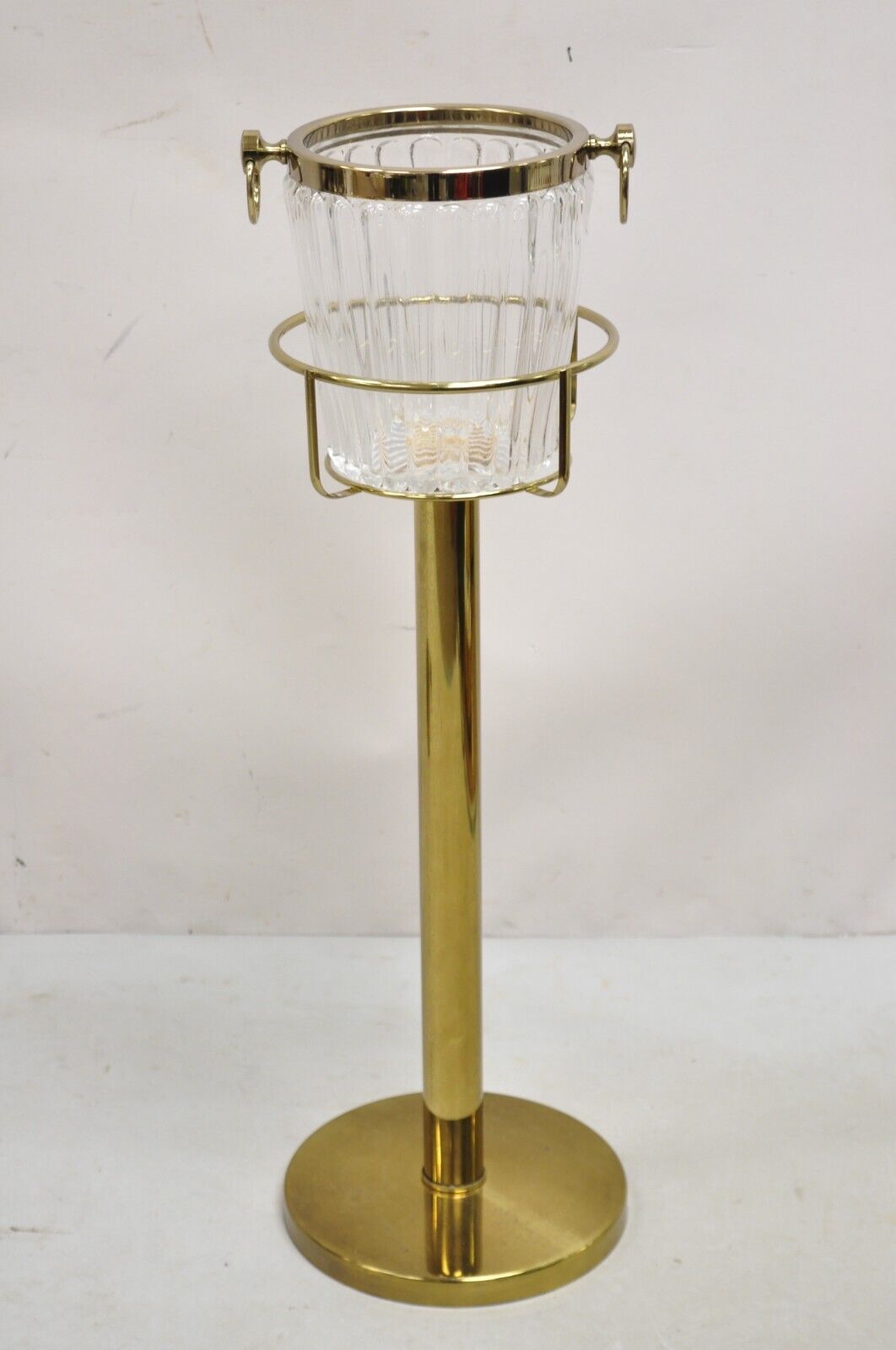 Hollywood Regency Modern Brass Glass Champagne Wine Chiller Ice Bucket on Stand