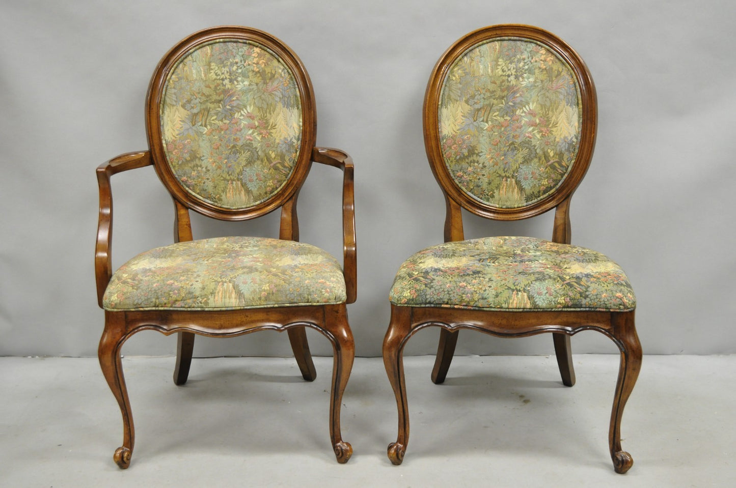 Vintage French Provincial Oval Balloon Back Upholstered Dining Chairs - Set of 8