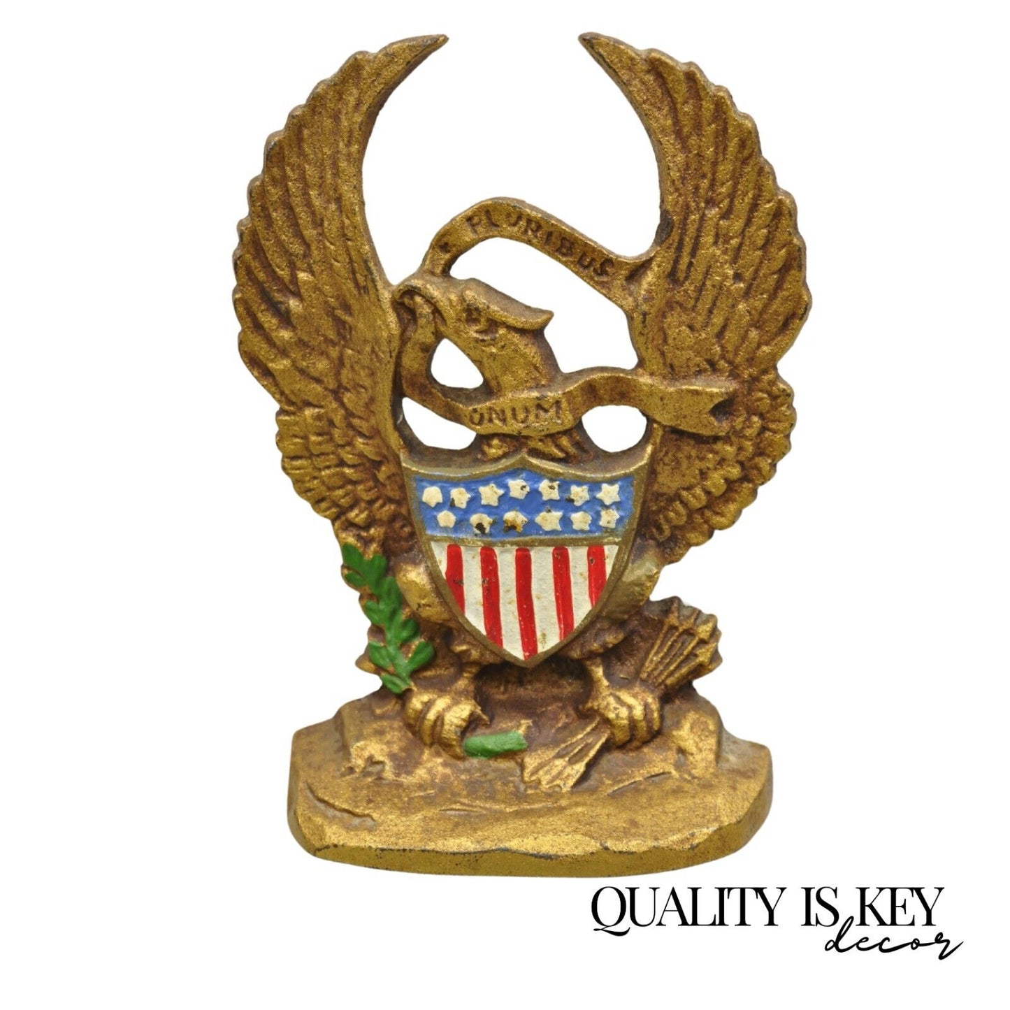 Antique Patriotic Cast Iron Figural Gold American Flag & Eagle Painted Door Stop