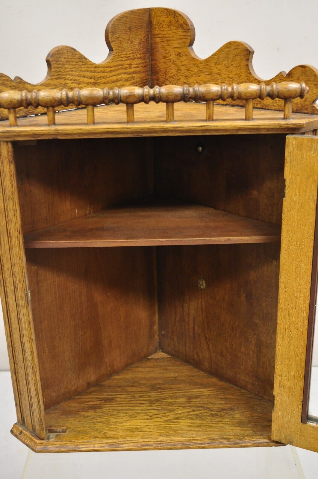 Antique Victorian Golden Oak Wood Glass One Door Corner Wall Curio Cabinet