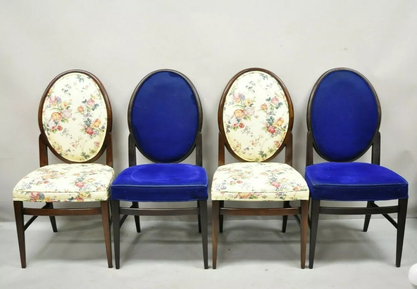 French Art Deco Oval Upholstered Back Mahogany Frame Blue Dining Chairs - a Pair