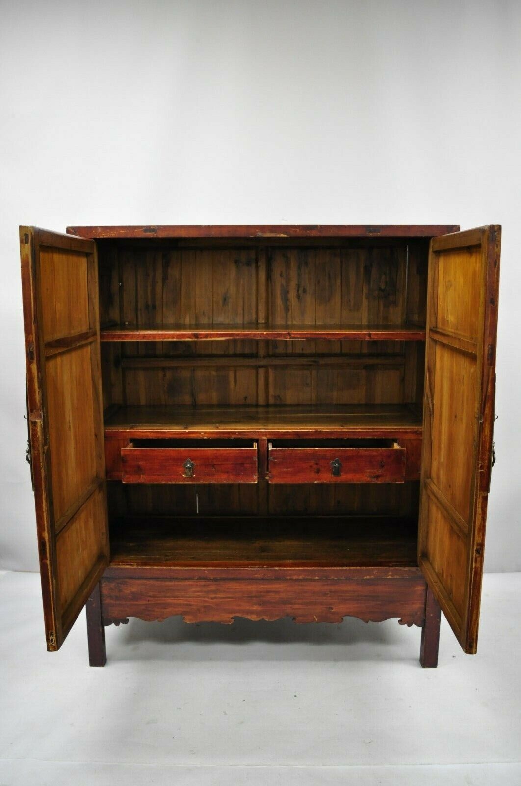 Antique Asian Red Lacquer Oriental Chinese Marriage Wedding Cabinet Wardrobe