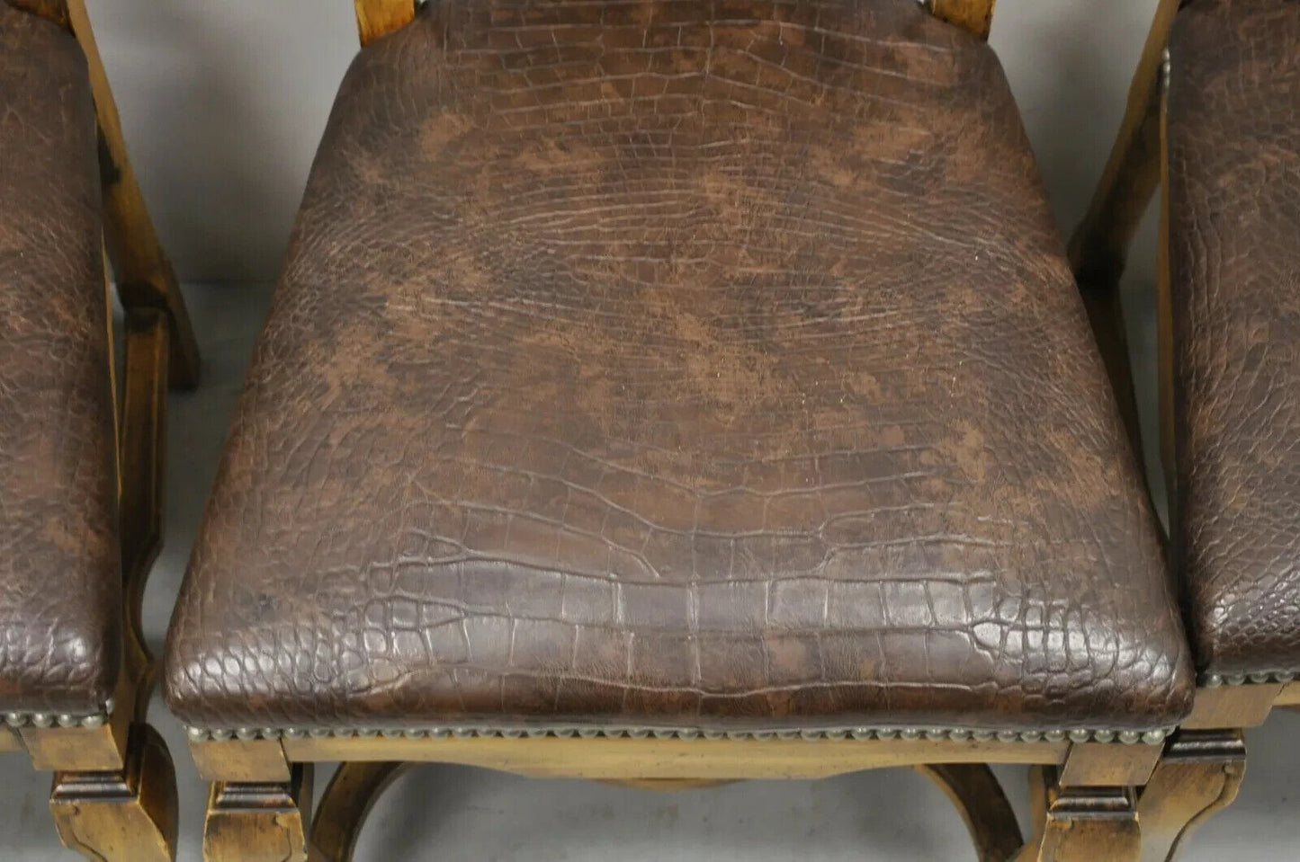 Italian Baroque Rococo Carved Wood Brown Reptile Print Dining Chairs - Set of 4