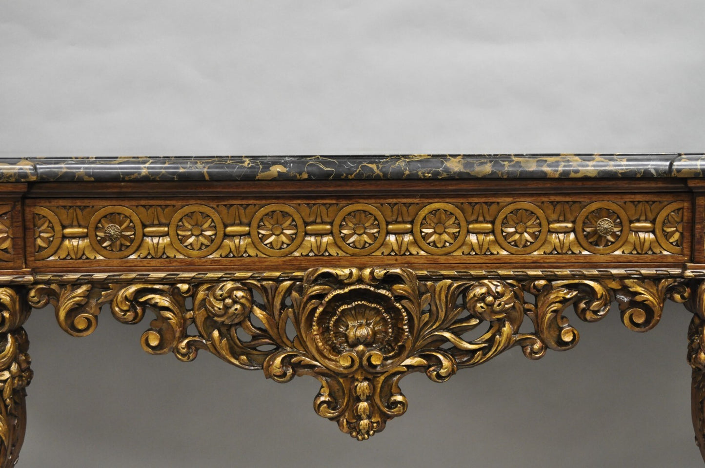 Antique French Baroque Rococo Carved Walnut Marble Top Sideboard Buffet w Drawer