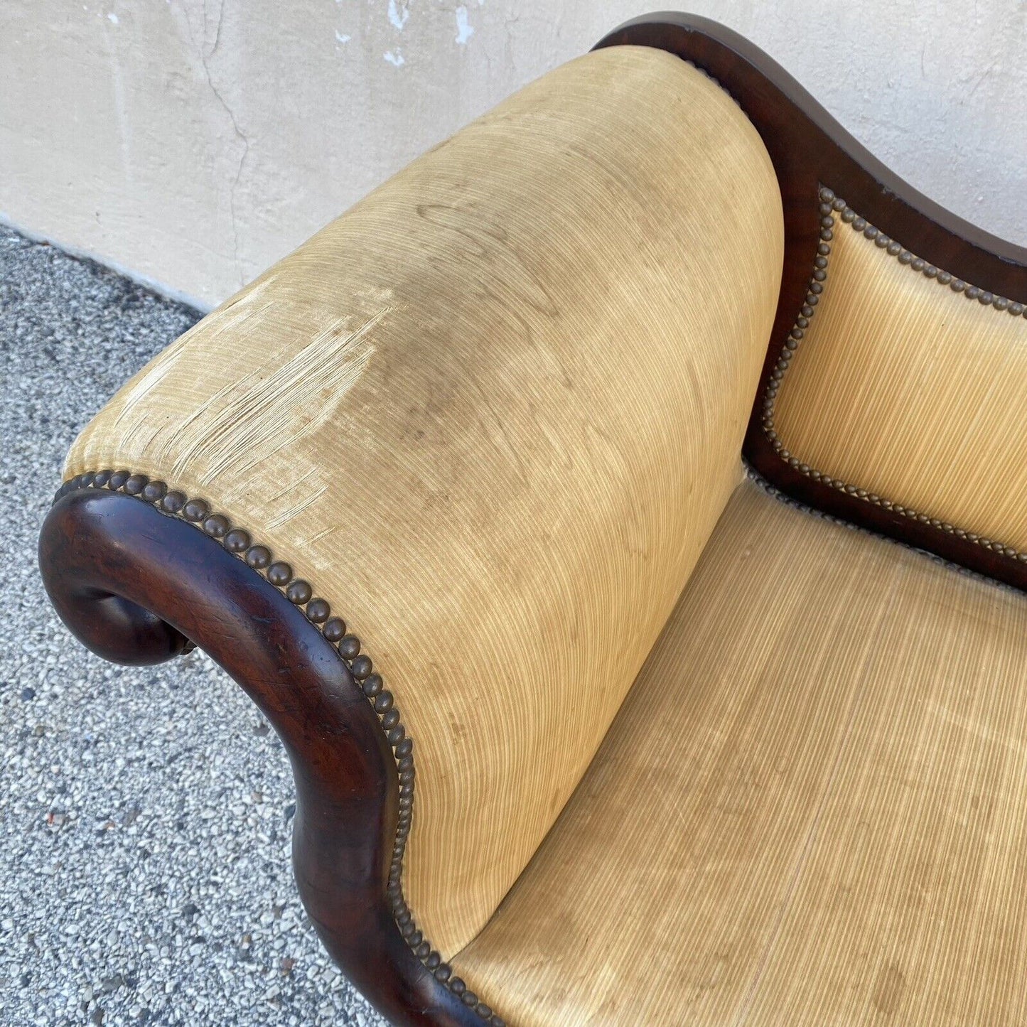 Antique American Empire Classical Carved Mahogany Paw Foot Rolled Arm Sofa