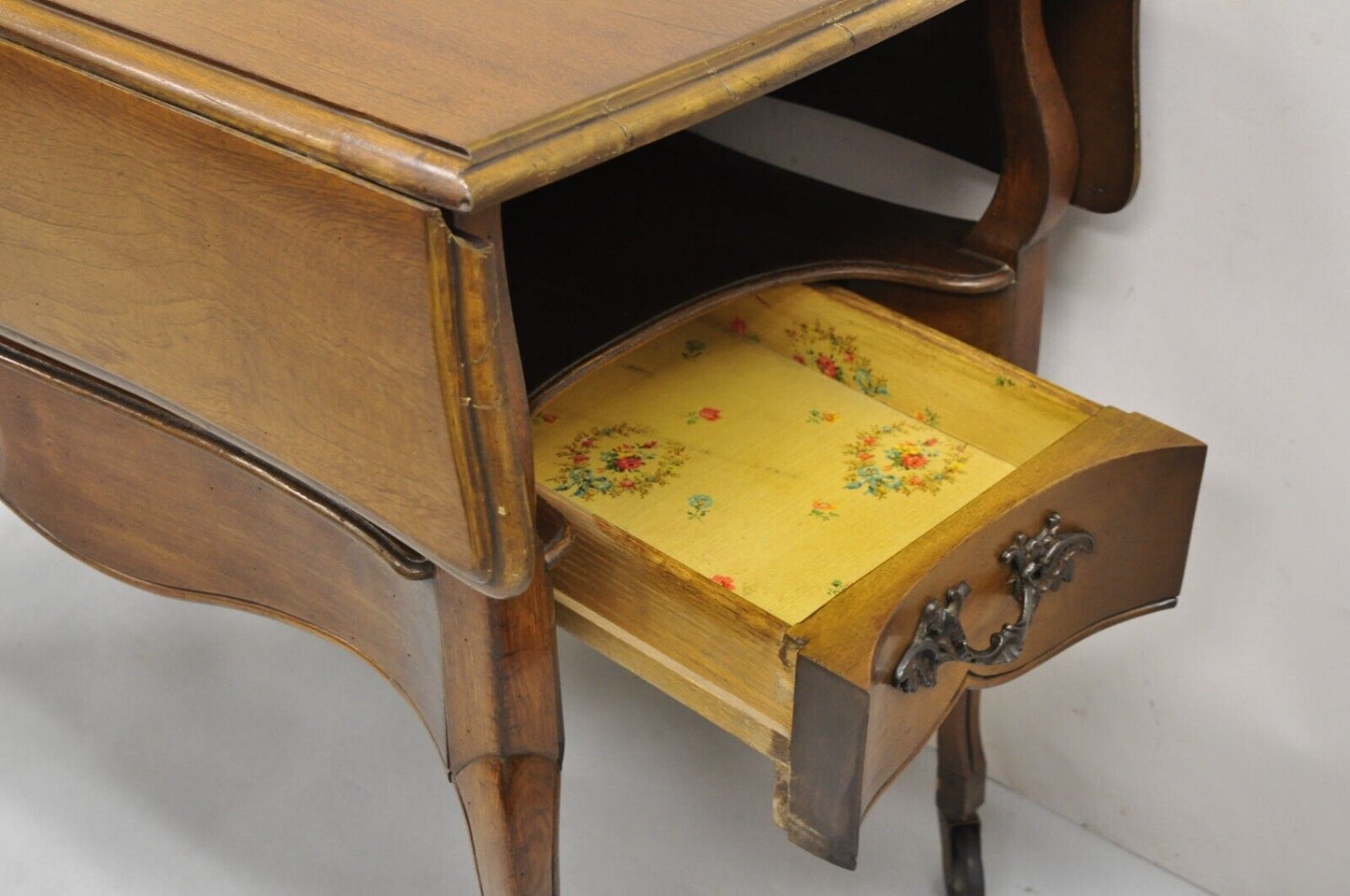 Vintage French Country Style Cherry Wood 2 Drawer Drop Leaf Rolling Serving Cart
