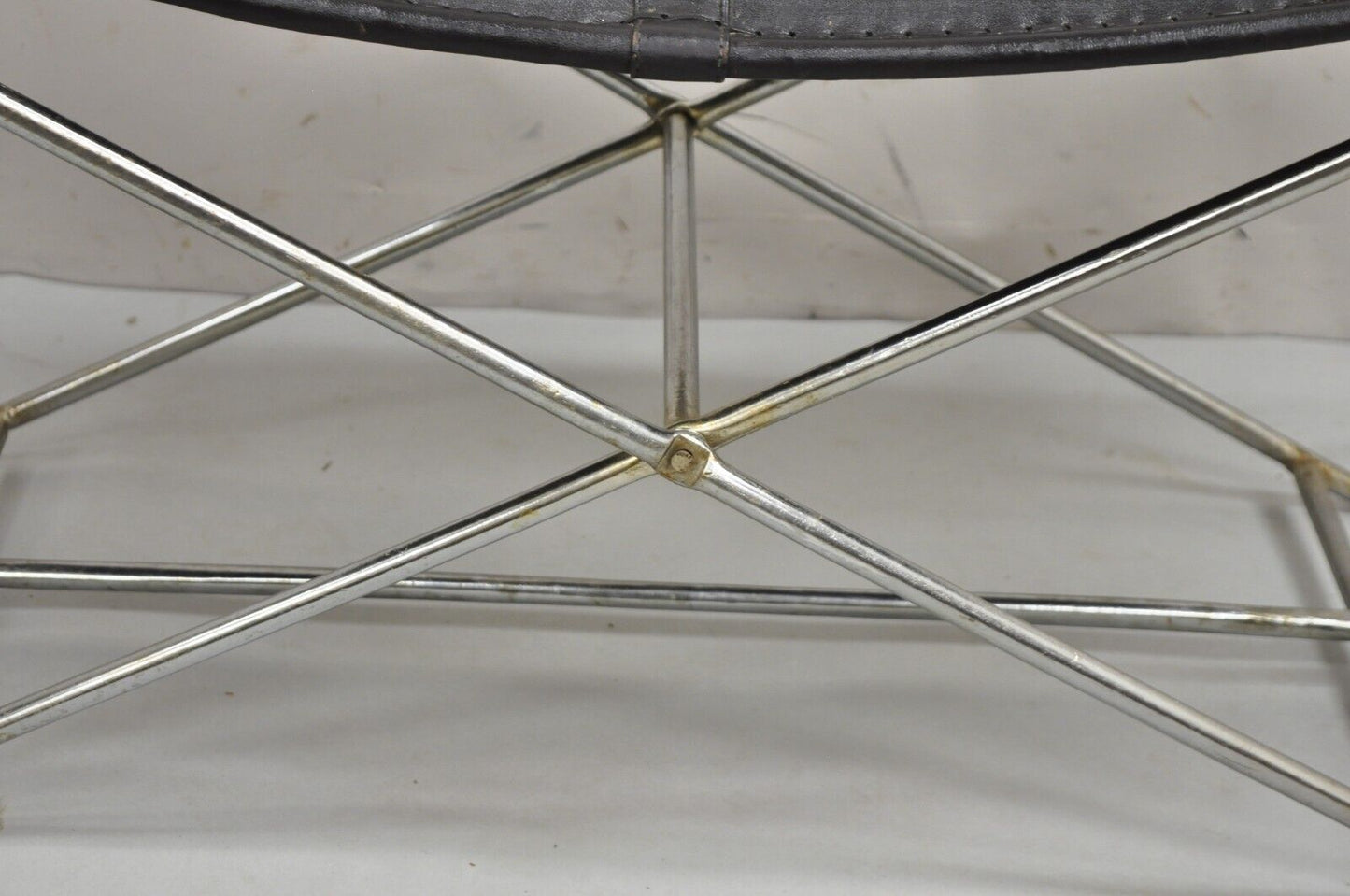 Modern Regency Style Folding Iron Metal Bench w/ Black Saddle Leather Seat