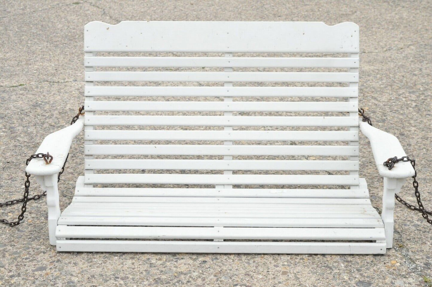Vintage White Painted Wooden Slat Hanging Garden Patio Bench Love Seat Swing