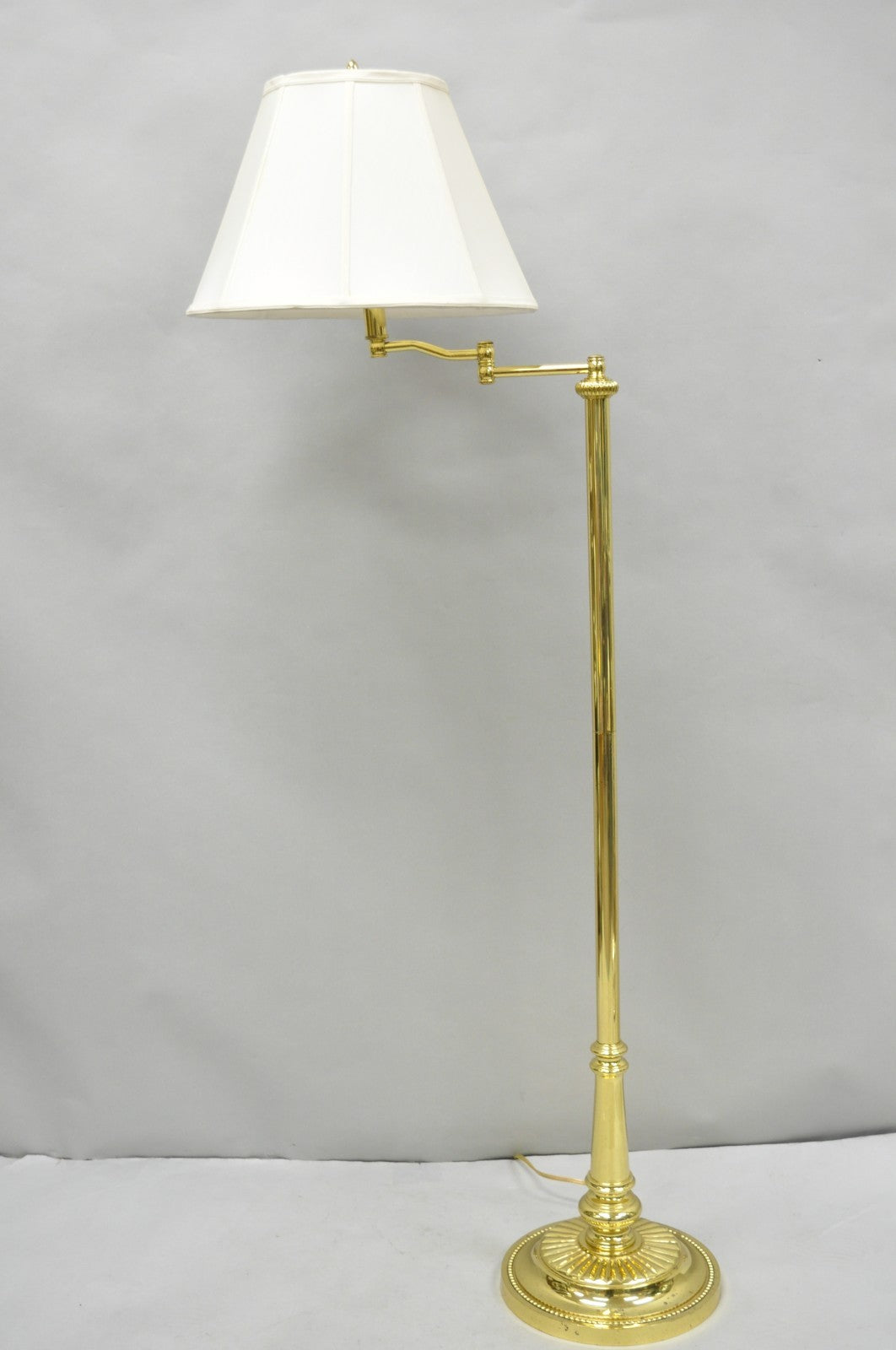Vintage Traditional Polished Brass Swing Arm Reading Pole Floor Lamp w/ Shade