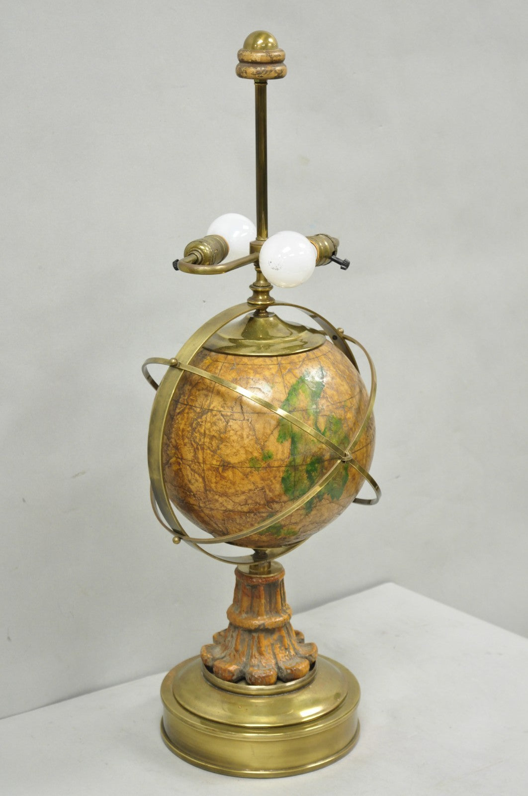 Vintage Italian Regency Style Brass & Wood Old World Globe Table Lamp by Hart