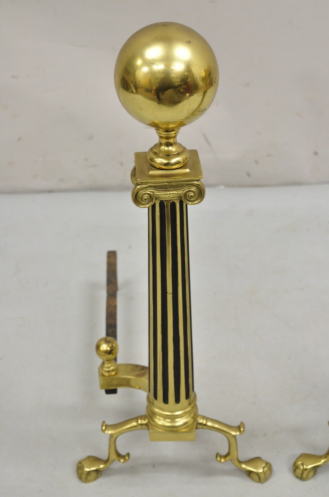 Vintage French Empire Style Brass Cannonball Column Form Branch Foot Andirons