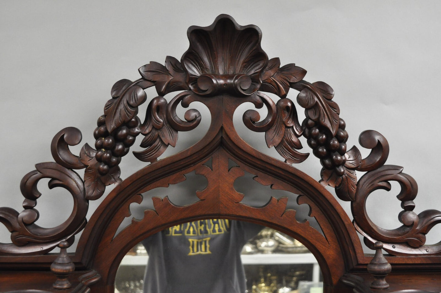 Antique Victorian Rococo Grapevine Carved Walnut Etagere Curio Shelf w/ Mirror
