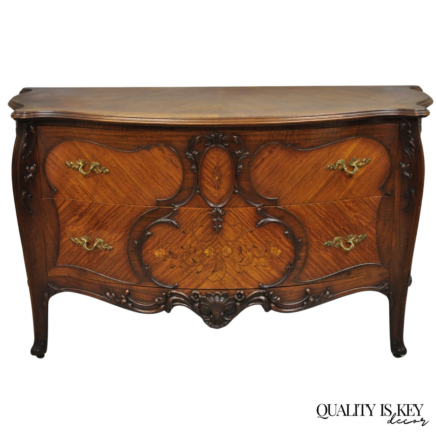 Antique French Louis XV Carved Walnut Inlaid Bombe Demilune Commode Dresser