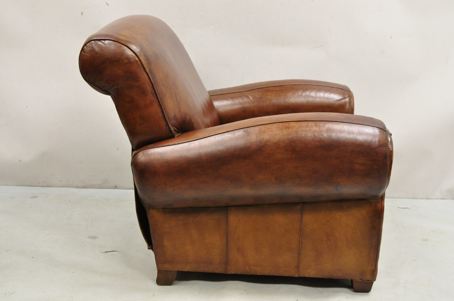 Pottery Barn Manhattan Brown Leather Recliner Art Deco Club Chairs - a Pair