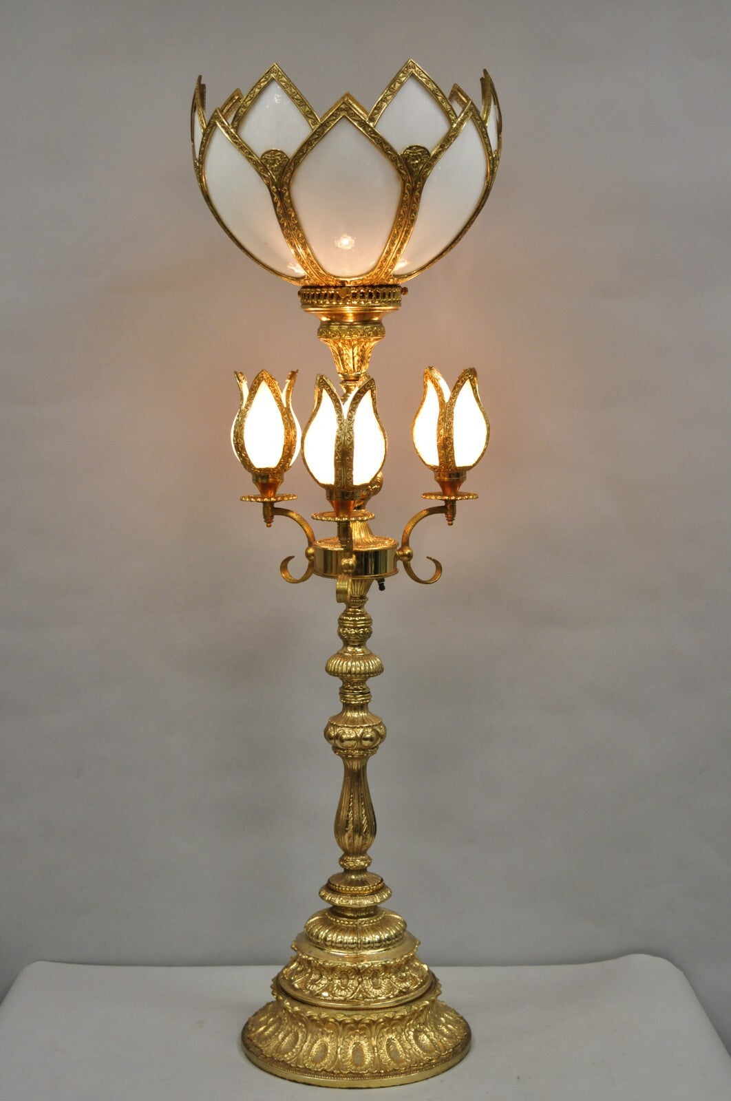 Vintage Hollywood Regency Gold Tall Candlestick Lantern Tulip Shade Table Lamp