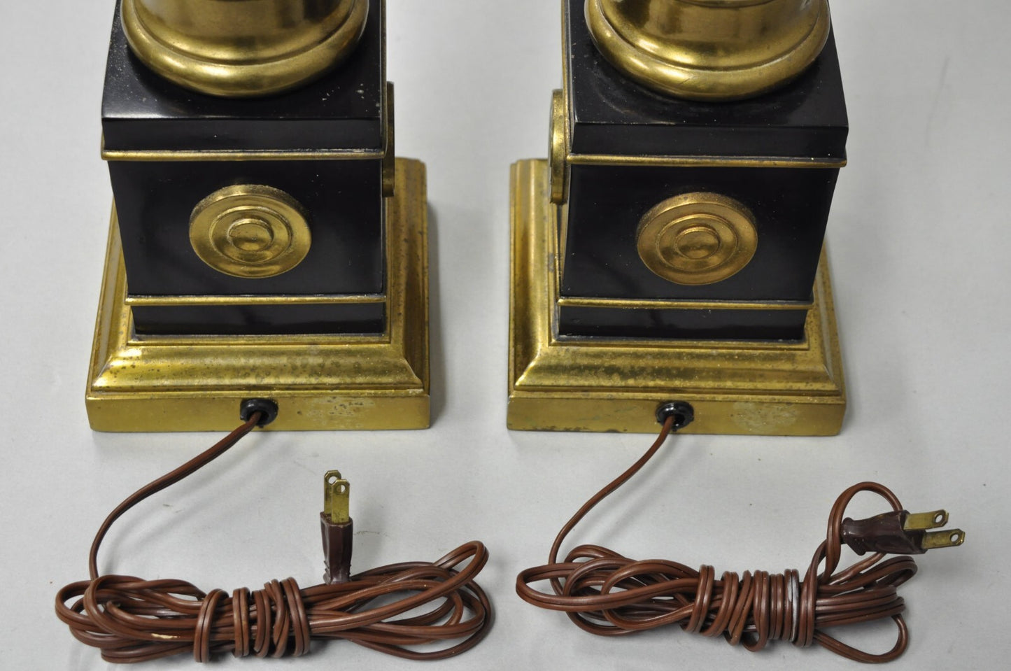 Vintage French Empire Brass Metal "Smoky" Celluloid Column Table Lamps - a Pair