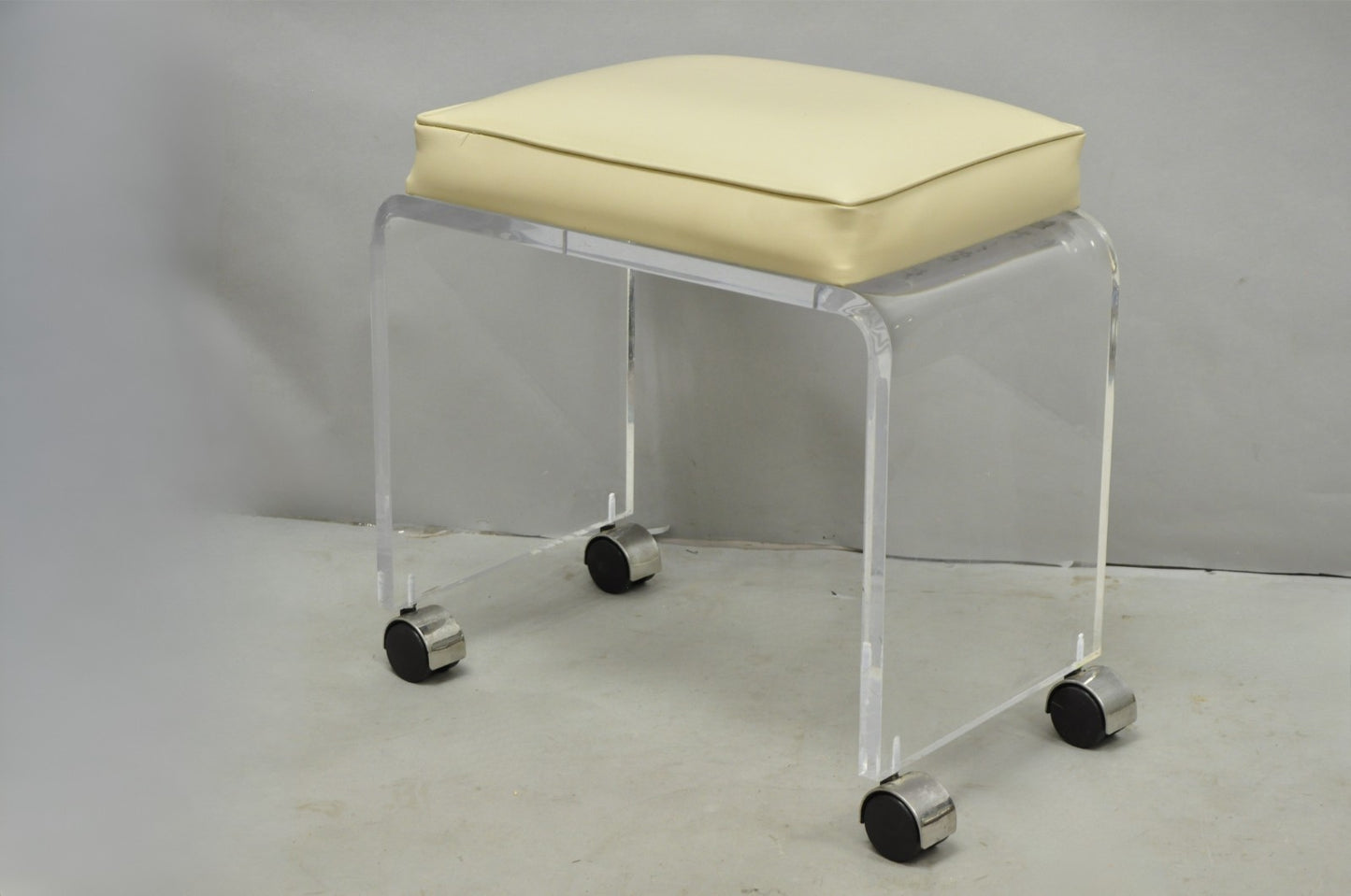 Vintage Mid Century Modern Clear Lucite Waterfall Vanity Bench Stool on Wheels