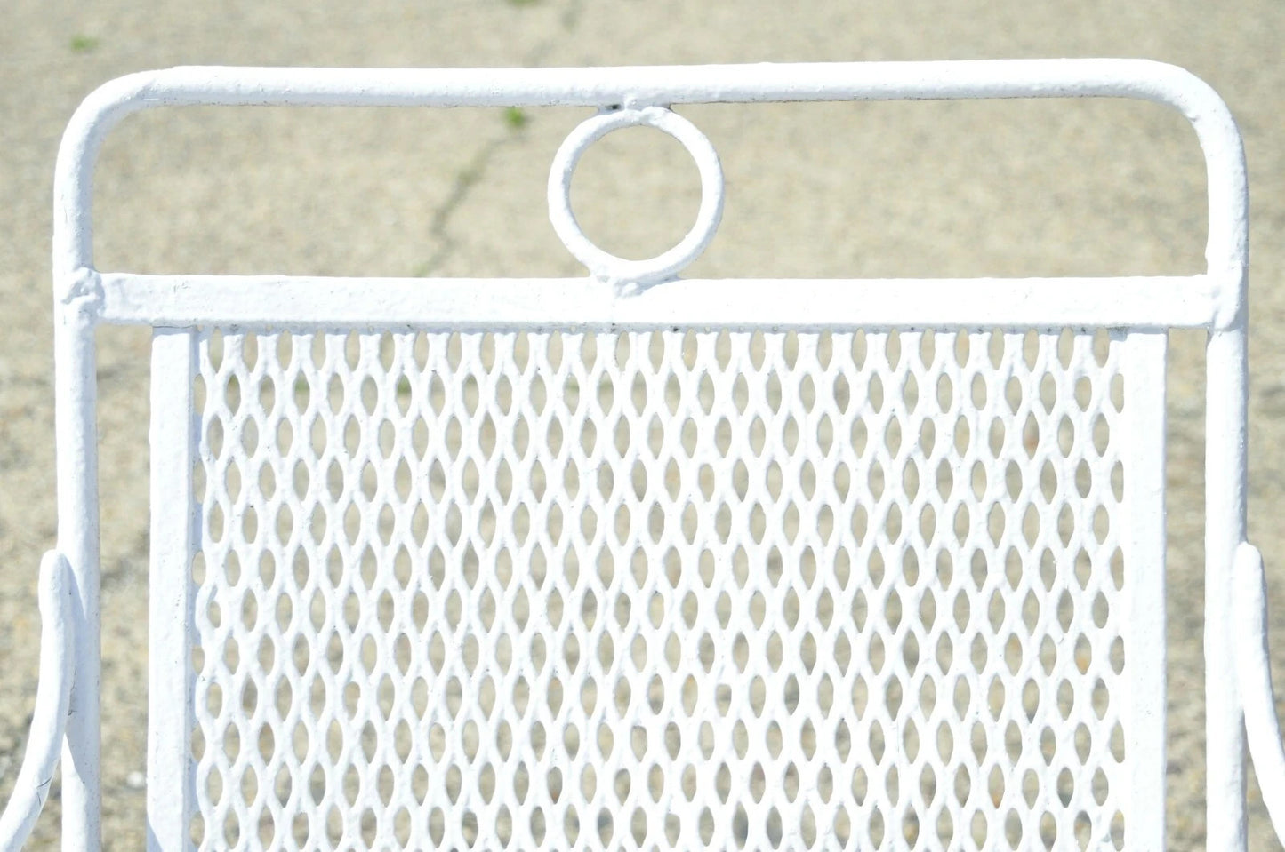 Vintage Russell Woodard White Wrought Iron Garden Patio Arm Chairs - a Pair