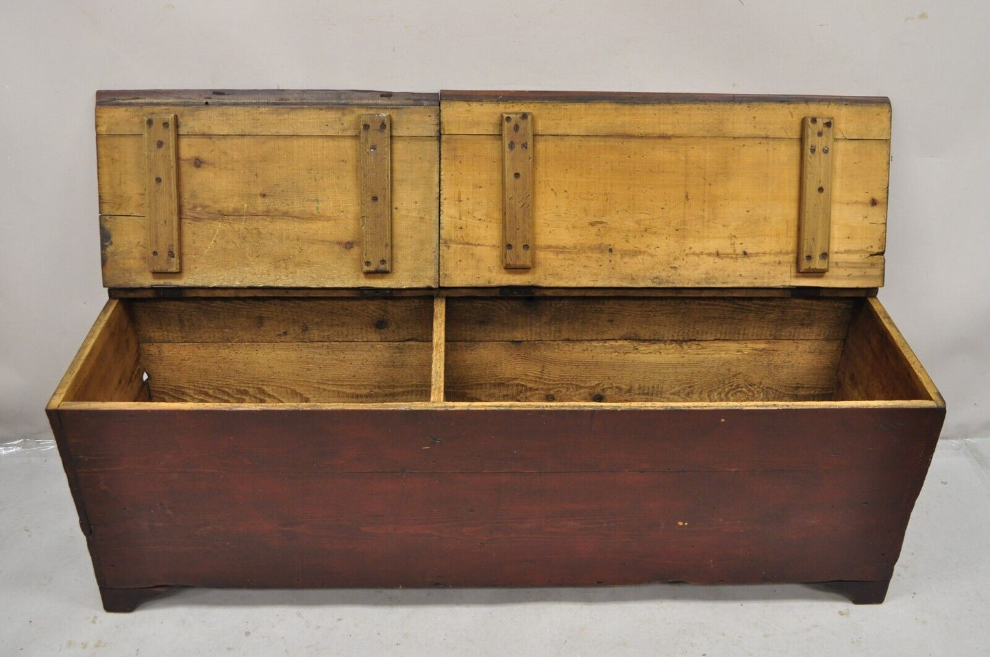 Antique Large 64" Double Storage Pine Wood Primitive Country Blanket Chest Trunk