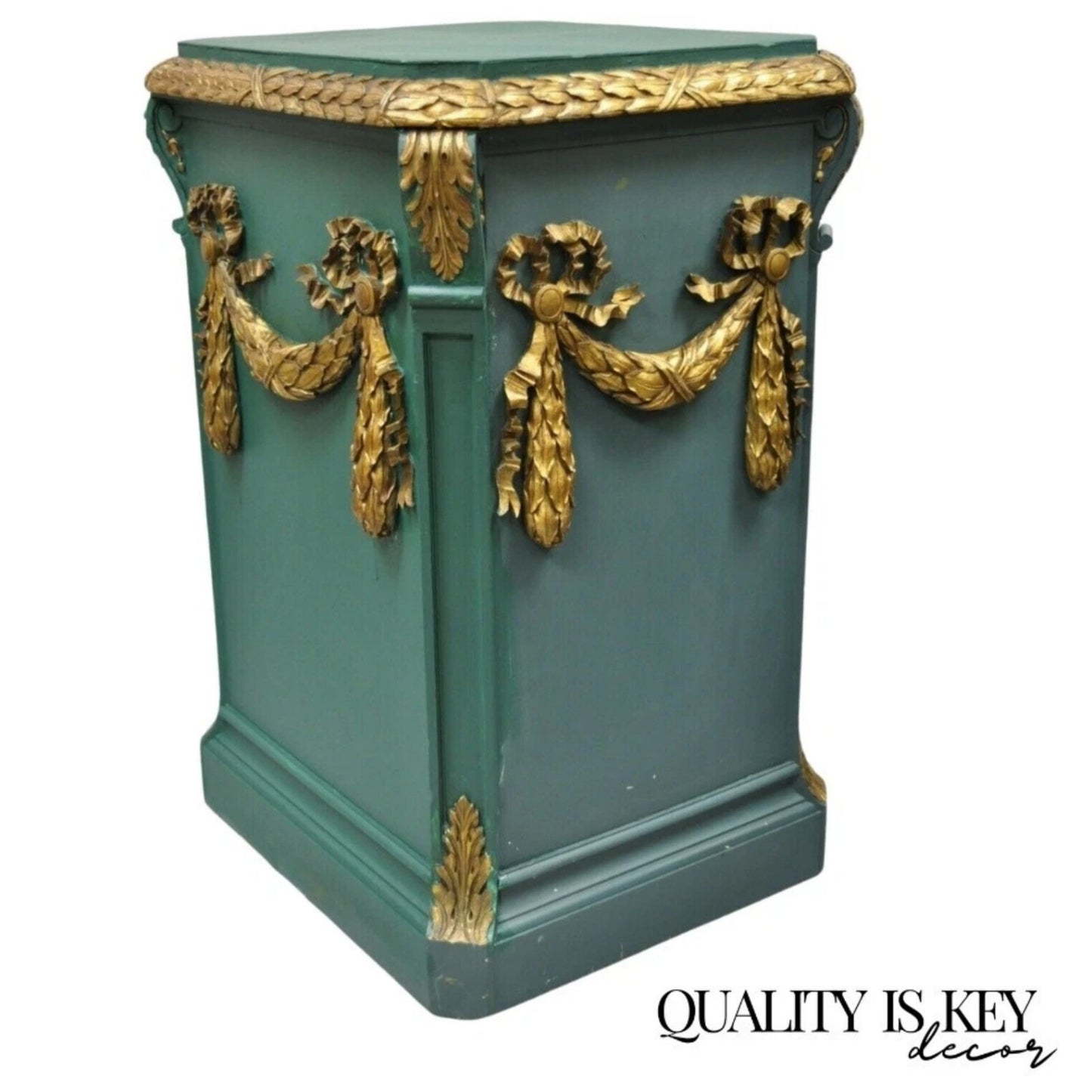 Vintage French Louis XVI Style Green Gold Carved Wood 39" Column Pedestal Stand