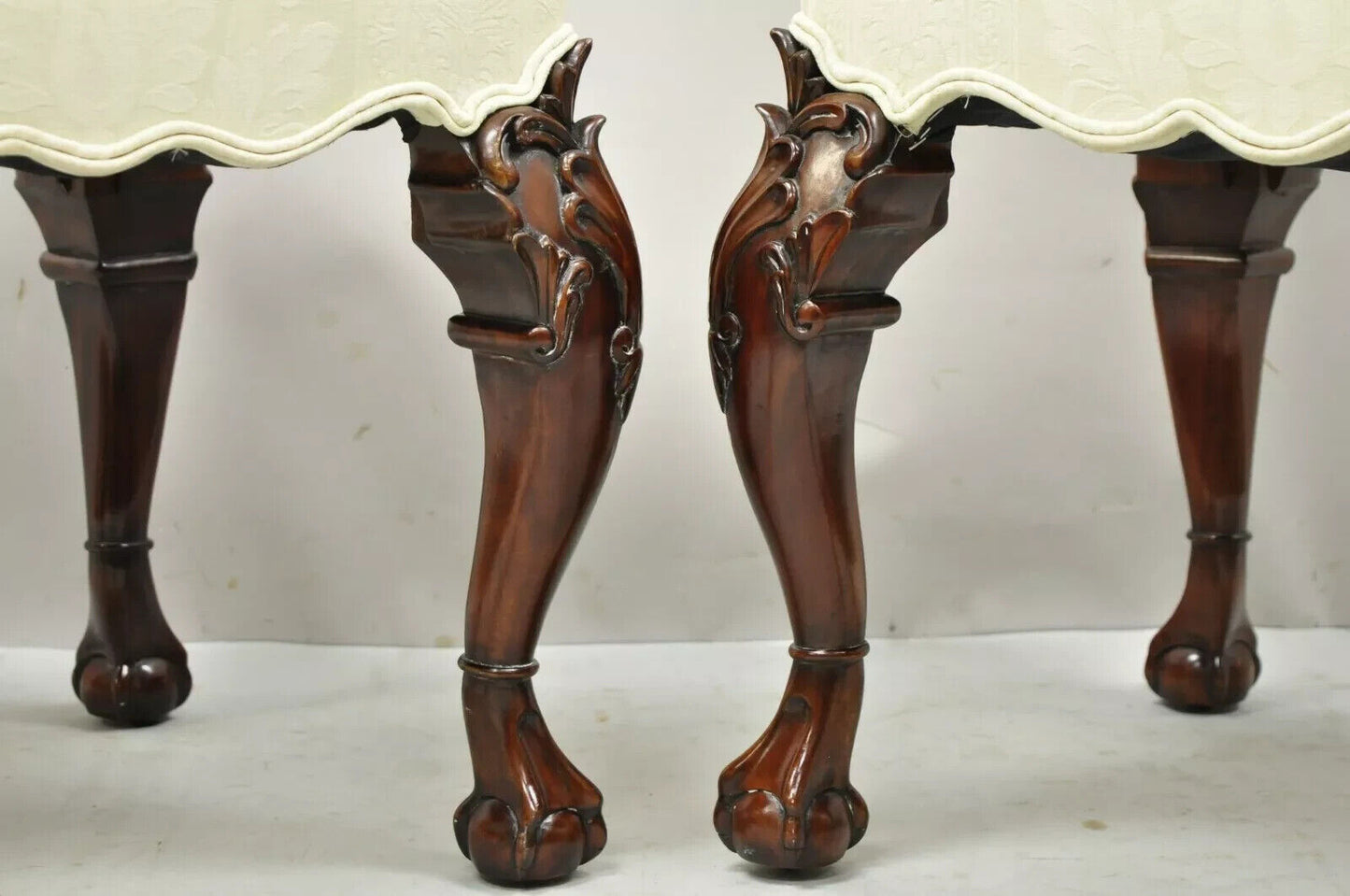 English Georgian Chippendale Style Carved Mahogany Ball and Claw Stools - Pair