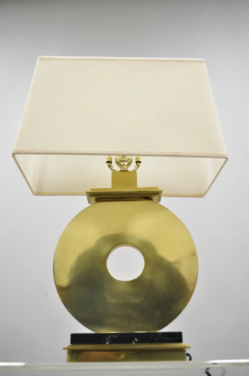 Robert Abbey Tic-Tac-Toe Bronze Brass Ring Marble Base Table Lamp w/ Shade