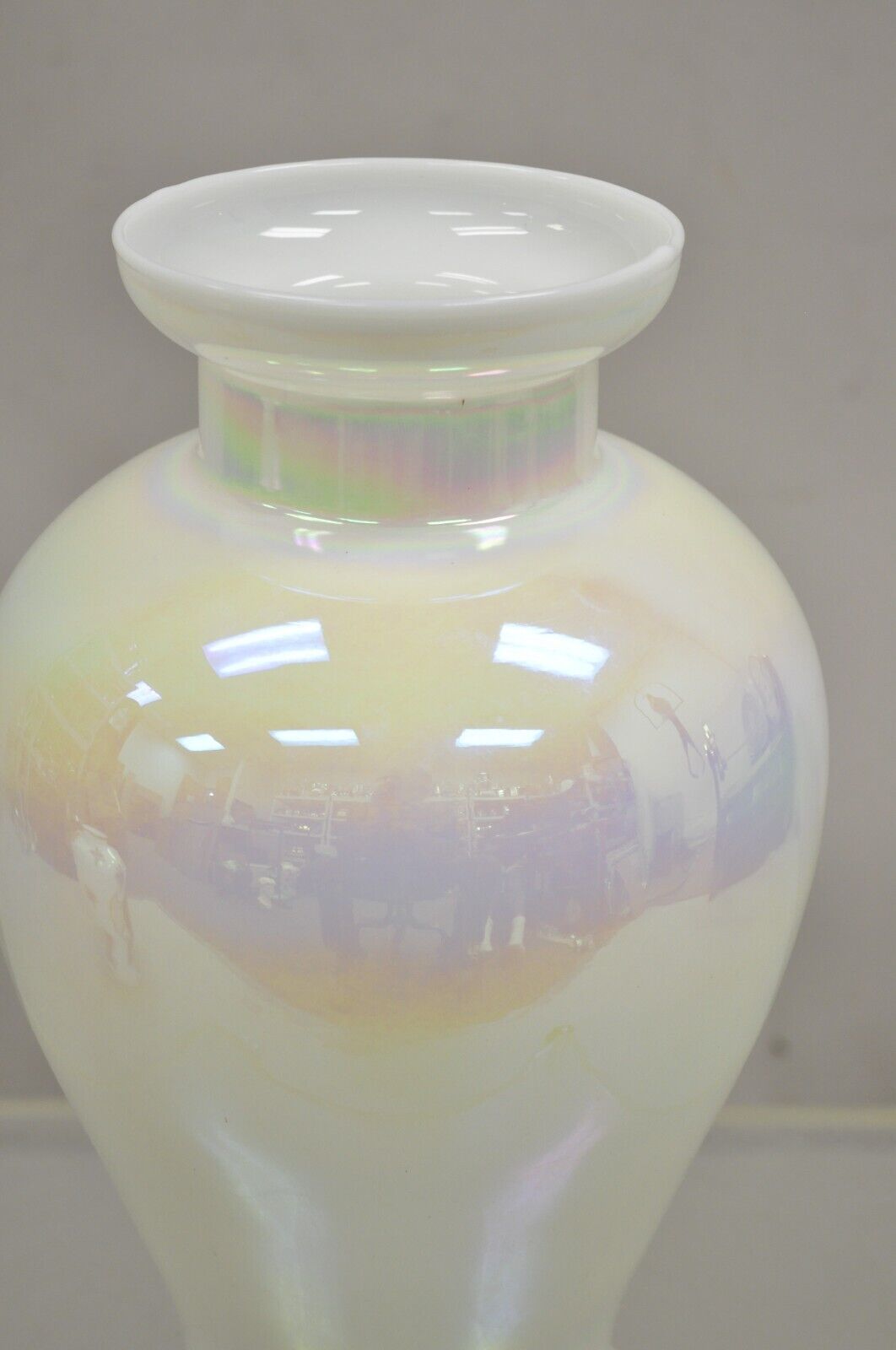 Vintage Pearlescent Opalescent White Iridescent Hand Blown Art Glass Flower Vase