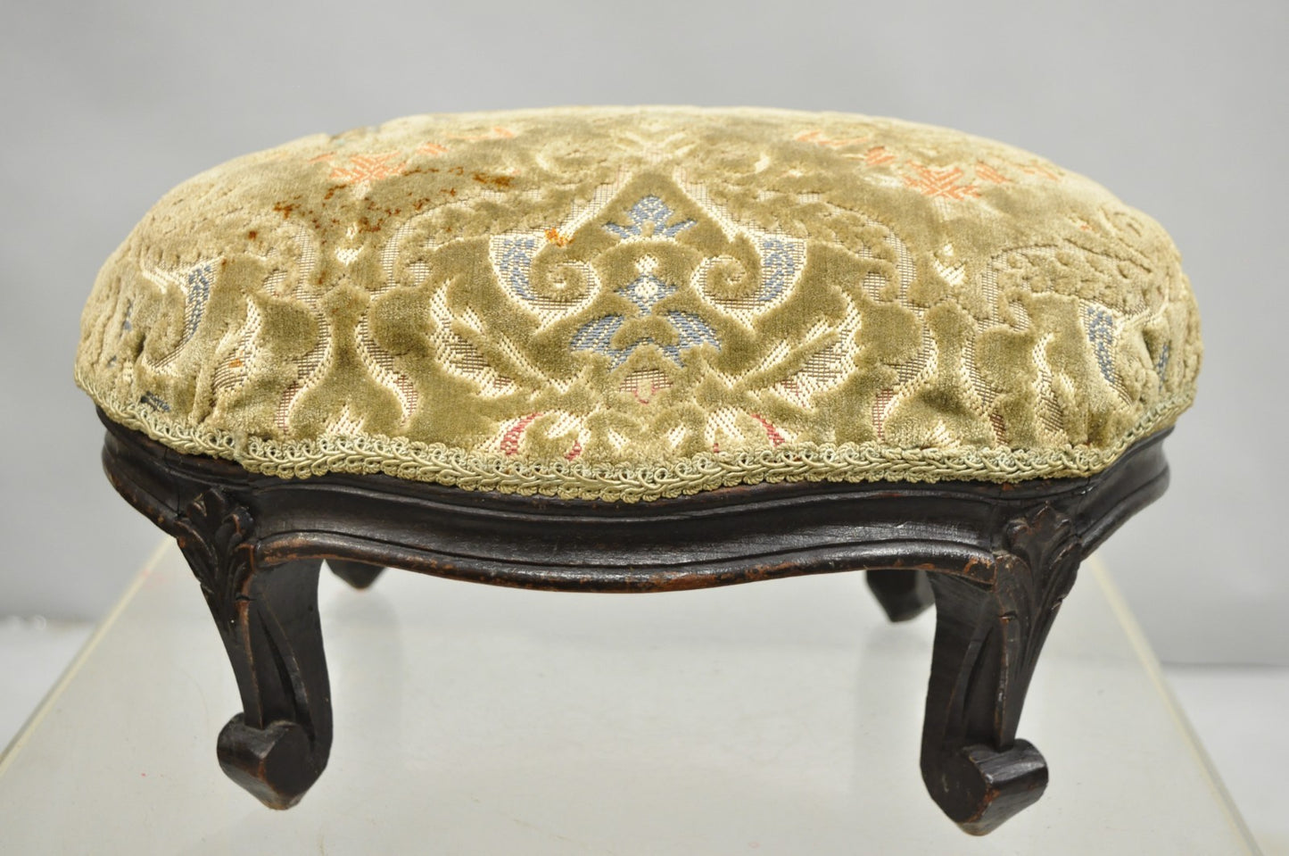 Antique French Country Provincial Oval Carved Walnut Petite Footstool Ottoman