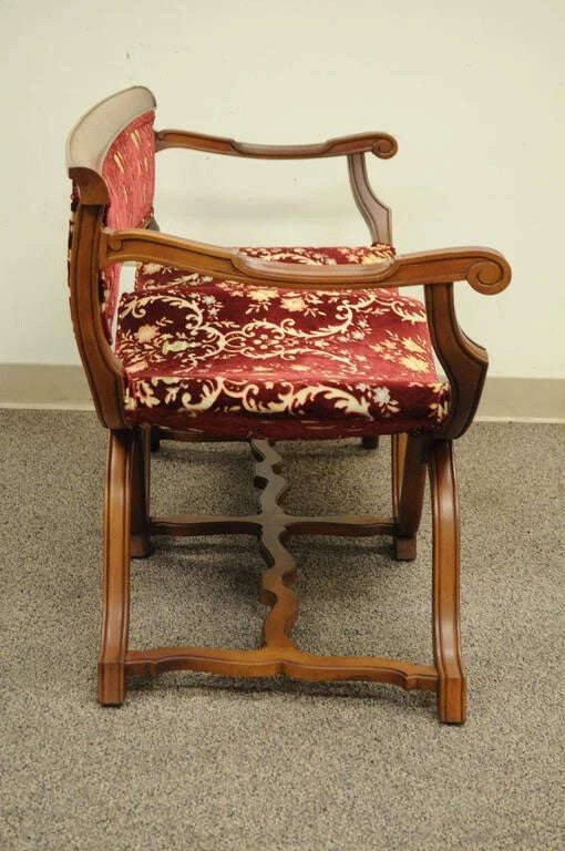Vintage Italian Renaissance Style Double Curule X-Frame Settee Savonarola Bench