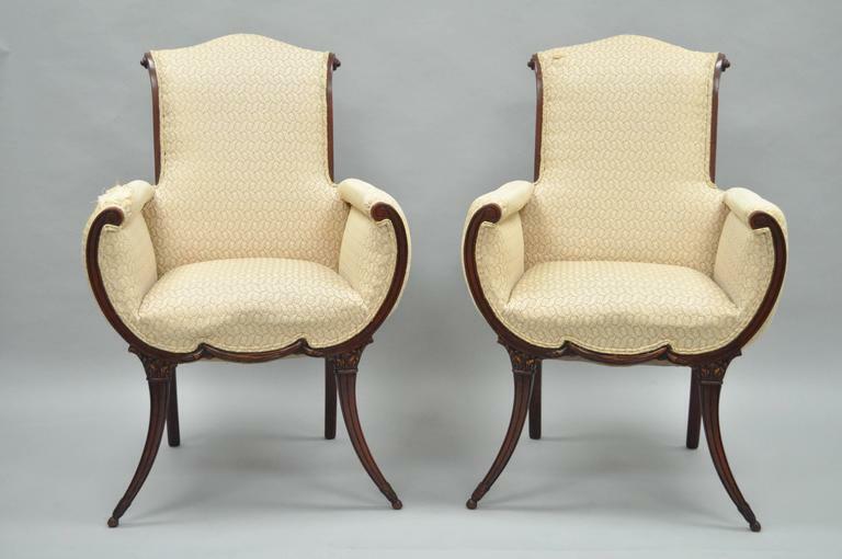Vintage Hollywood Regency French Style Mahogany Saber Leg Lounge Chairs - a Pair