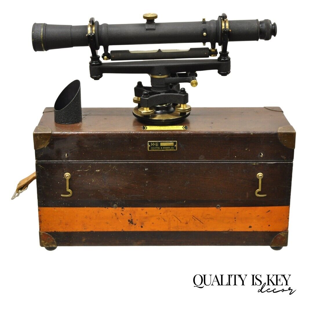 Antique Keuffel & Esser Co 141547 Surveyors Compass in Case w Wooden Tripod Base